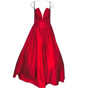 Betsy & Adam Red Satin Strapless V Neck Princess Ballgown 6